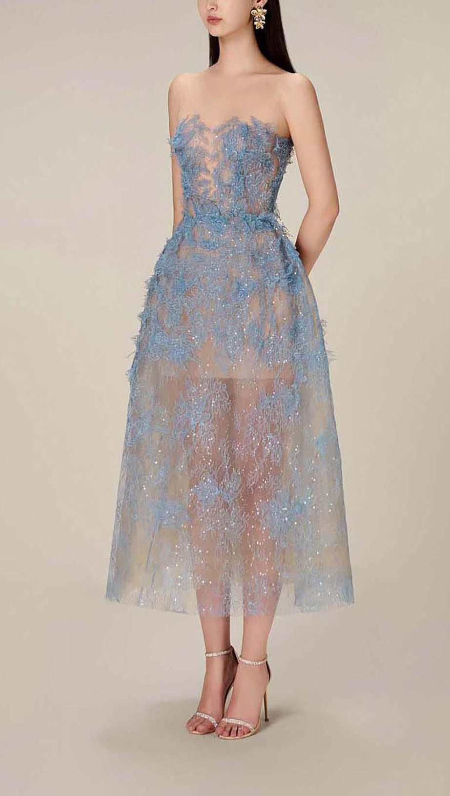 BLUE FLORAL LACE EMBROIDER MIDI DRESS