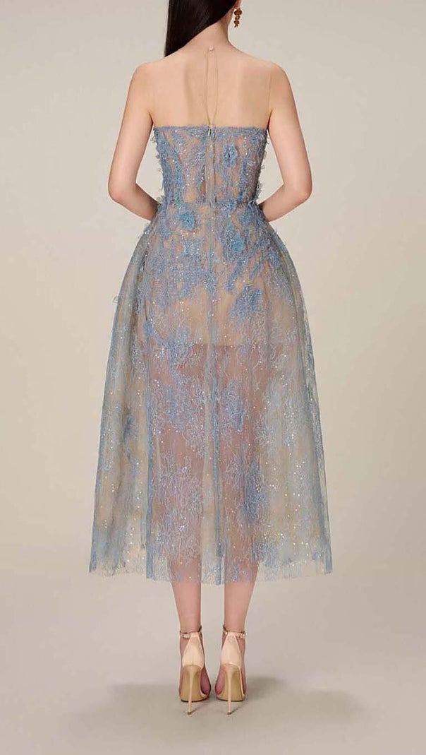 AIIZIE BLUE FLORAL LACE EMBROIDER MIDI DRESS - product image