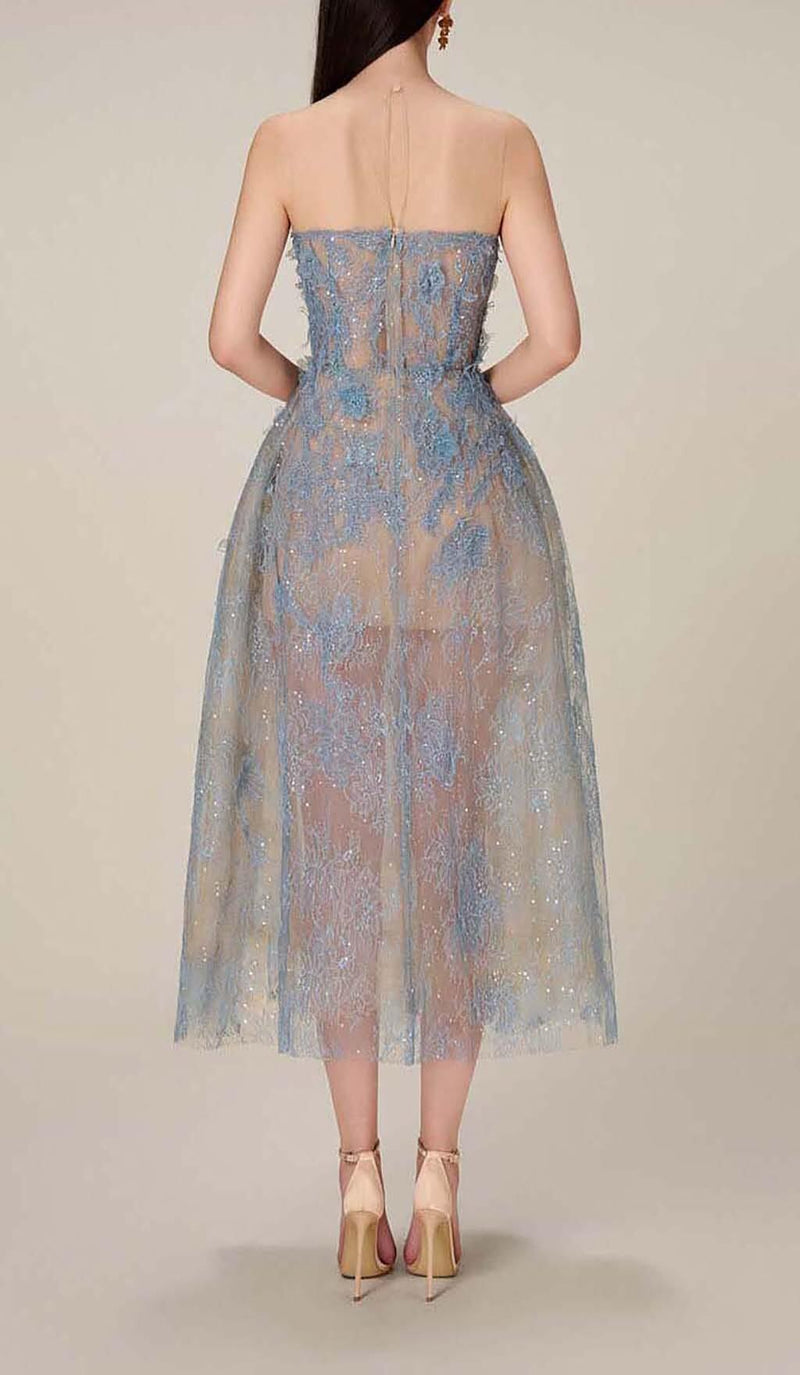 BLUE FLORAL LACE EMBROIDER MIDI DRESS