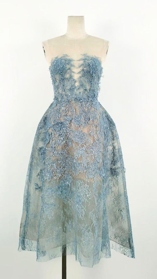 AIIZIE BLUE FLORAL LACE EMBROIDER MIDI DRESS - product image