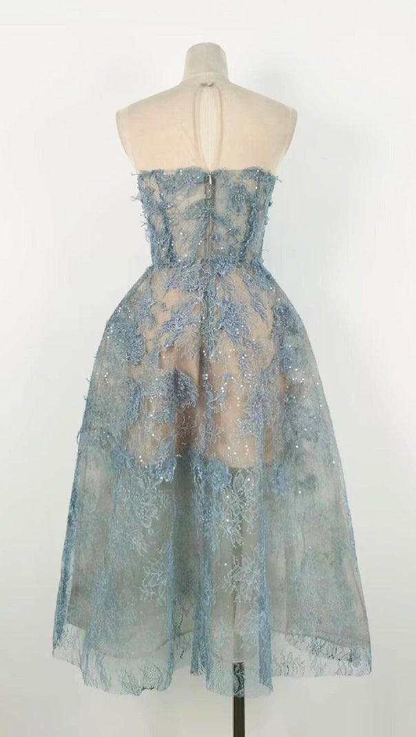 AIIZIE BLUE FLORAL LACE EMBROIDER MIDI DRESS - product image