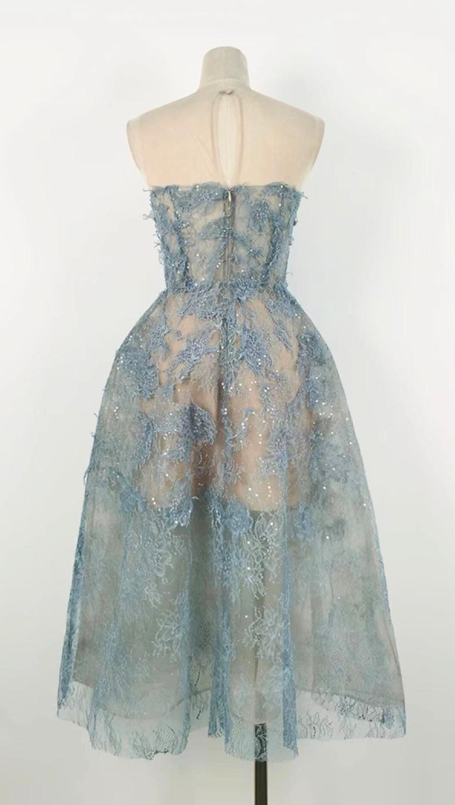 BLUE FLORAL LACE EMBROIDER MIDI DRESS