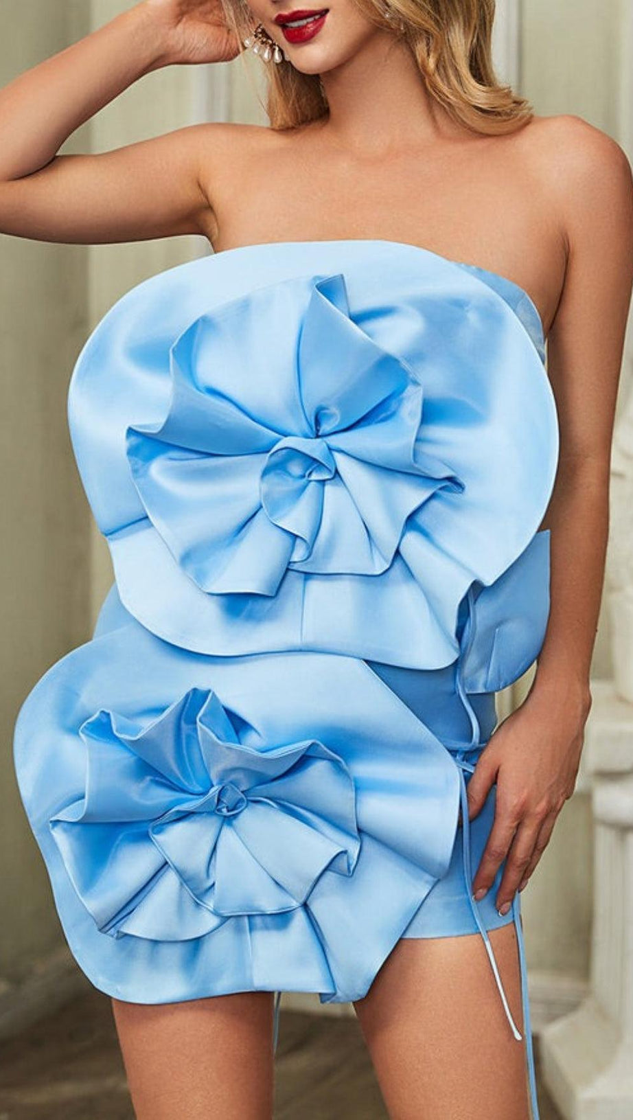 BLUE FLOWER STRAPLESS BIND MINI DRESS