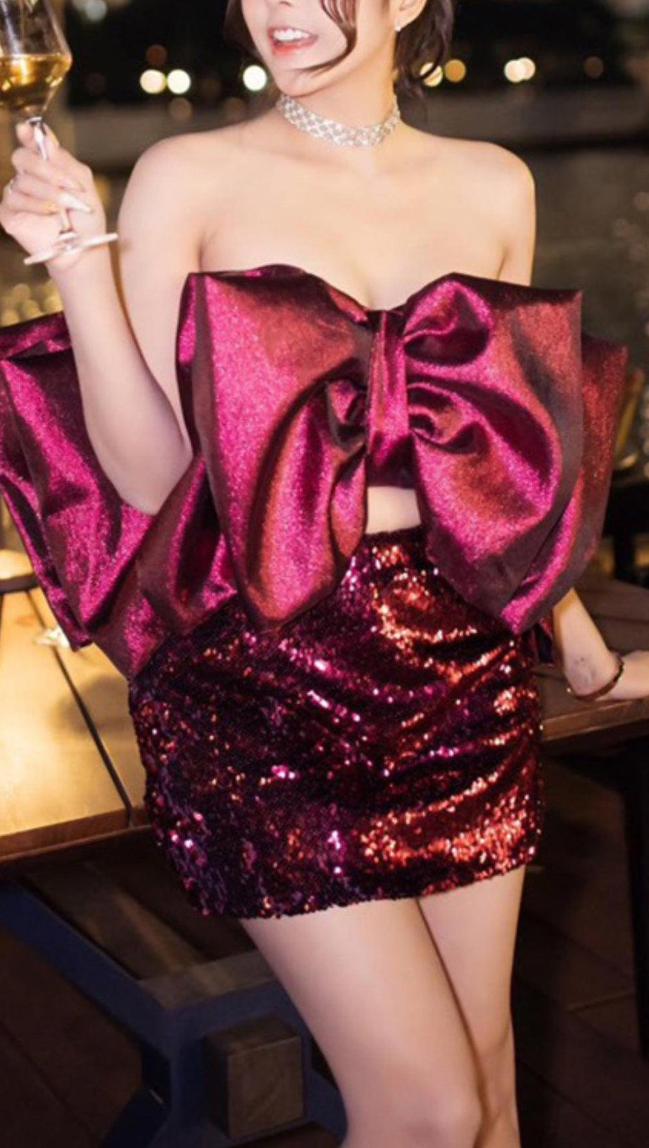 BOW TOP & SEQUIN SKIRT SUIT