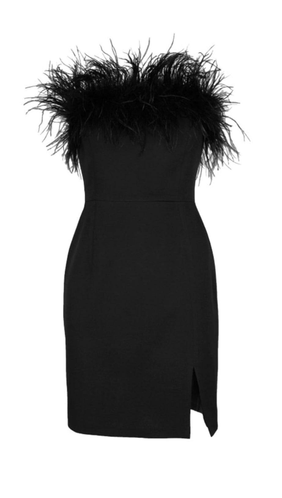 TRÄGERLOSES MINIKLEID MIT FEDERN IN SCHWARZ
