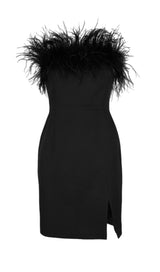 STRAPLESS FEATHER MINI DRESS IN BLACK