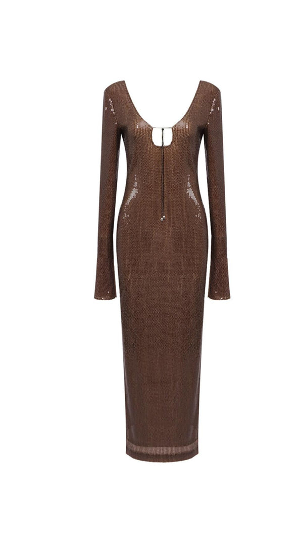 AIIZIE BROWN CUT OUT SEQUIN MAXI DRESS - product image