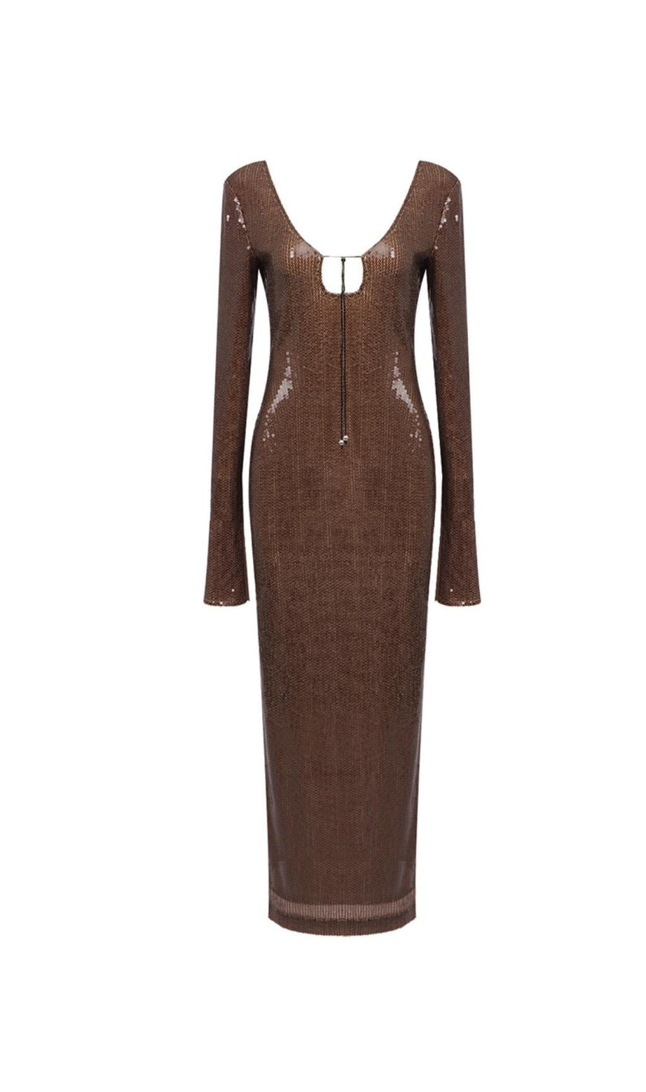 BRAUNES MAXIKLEID MIT PAILLETTEN UND AUSSCHNITT 