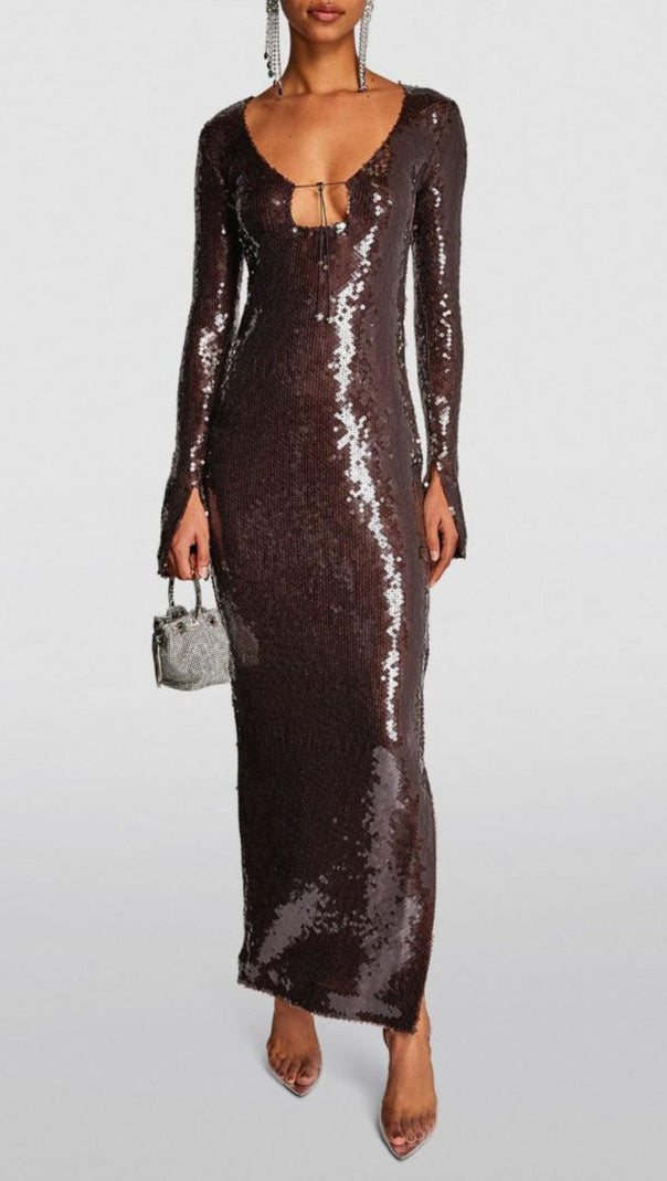 AIIZIE BROWN CUT OUT SEQUIN MAXI DRESS - product image