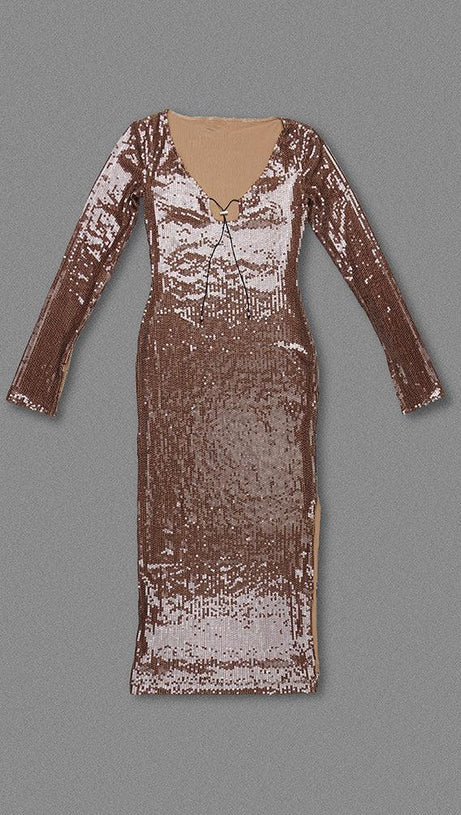 BROWN CUT OUT SEQUIN MAXI DRESS