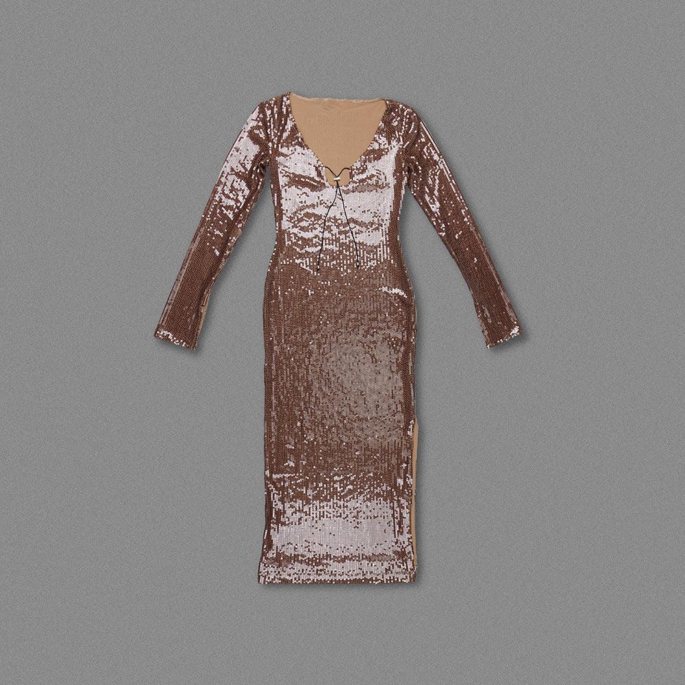 AIIZIE BROWN CUT OUT SEQUIN MAXI DRESS - product image