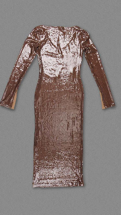 BROWN CUT OUT SEQUIN MAXI DRESS