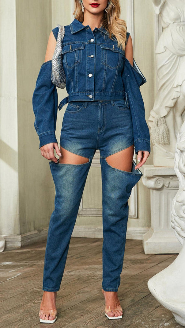 AIIZIE BUTTON CUTOUT DENIM PANTS SET - product image