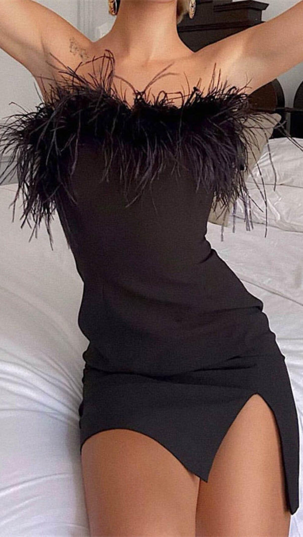 AIIZIE STRAPLESS FEATHER MINI DRESS IN BLACK - product image