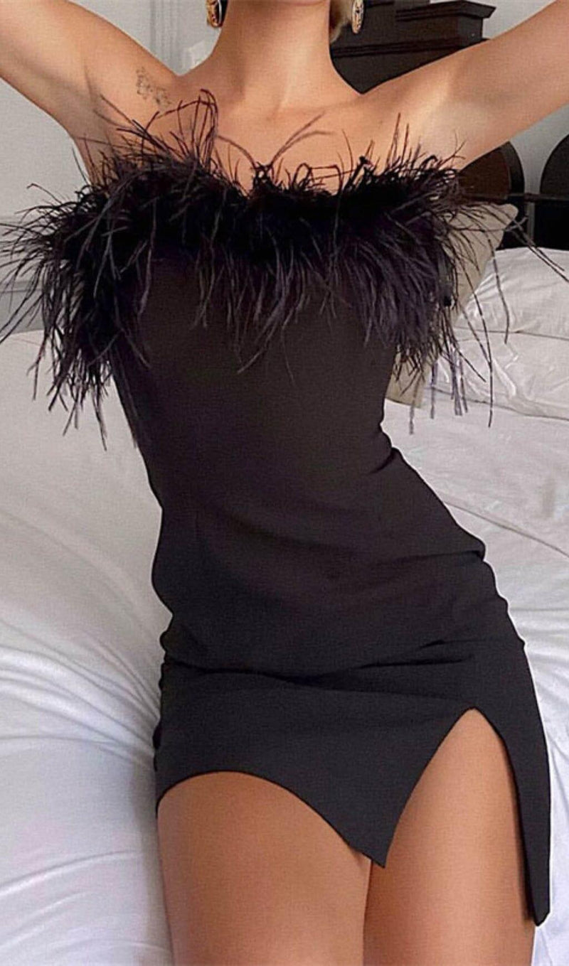 STRAPLESS FEATHER MINI DRESS IN BLACK