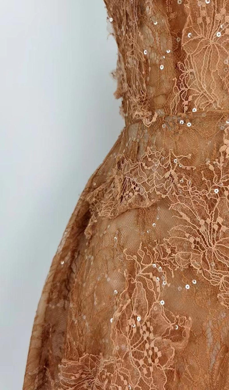 CARAMEL FLORAL LACE EMBROIDER MIDI DRESS