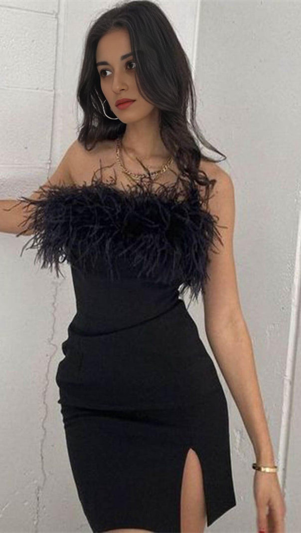 AIIZIE STRAPLESS FEATHER MINI DRESS IN BLACK - product image