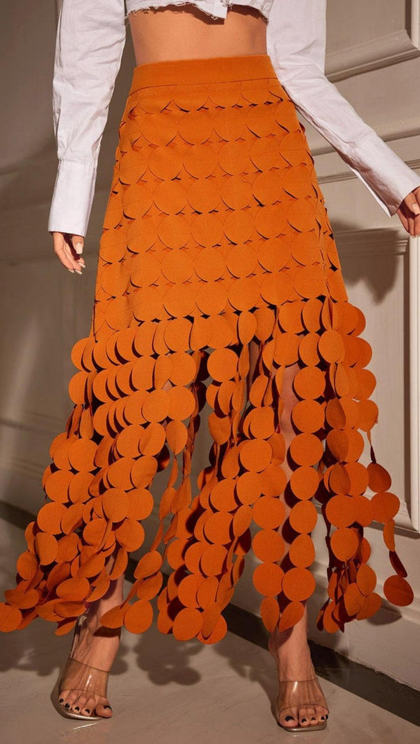 AIIZIE CIRCLE CUTOUT FRINGE SKIRT IN ORANGE - product image