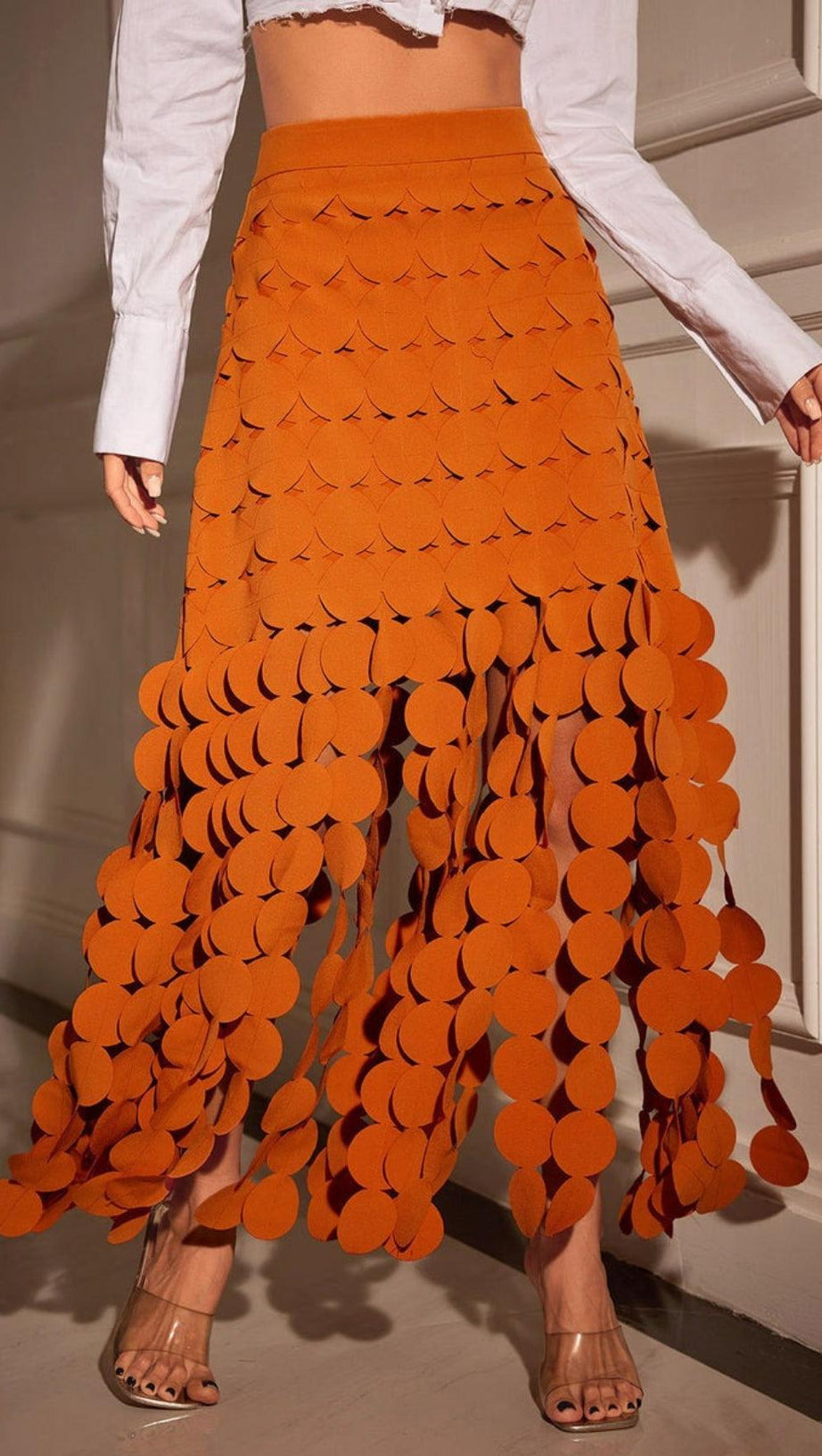 CIRCLE CUTOUT FRINGE SKIRT IN ORANGE