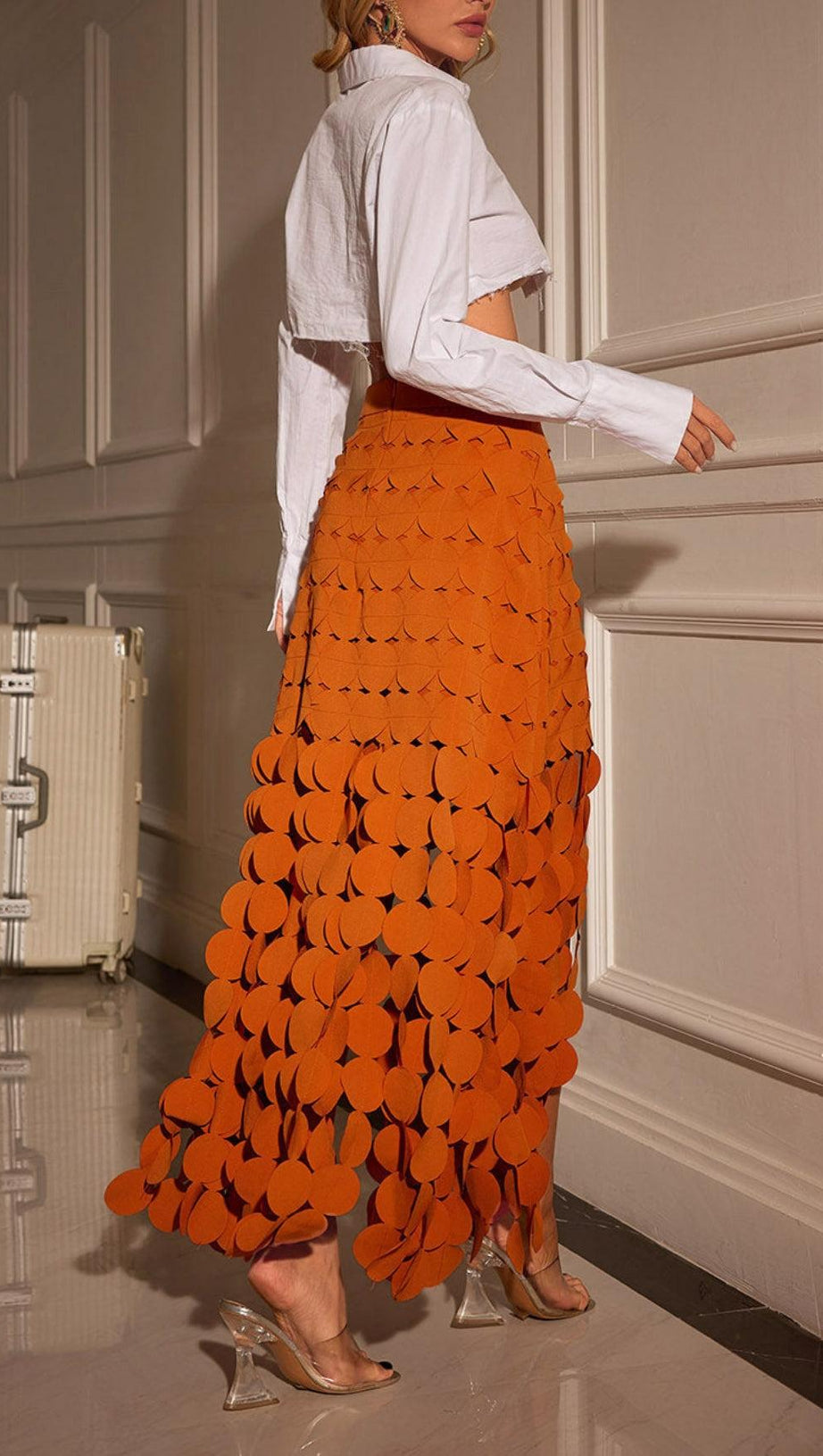 CIRCLE CUTOUT FRINGE SKIRT IN ORANGE