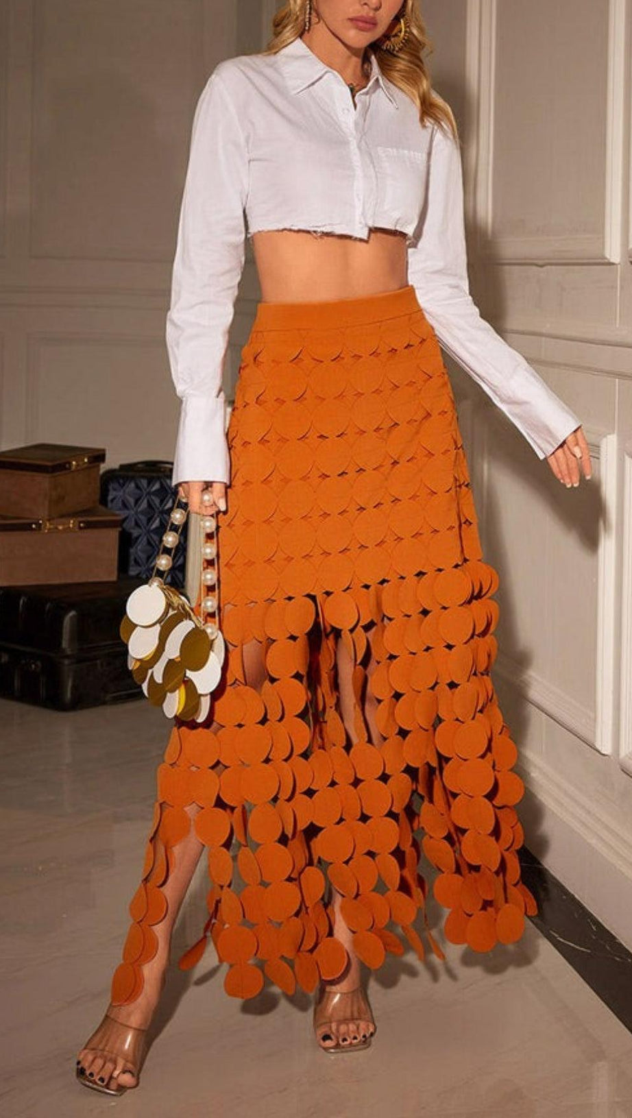CIRCLE CUTOUT FRINGE SKIRT IN ORANGE