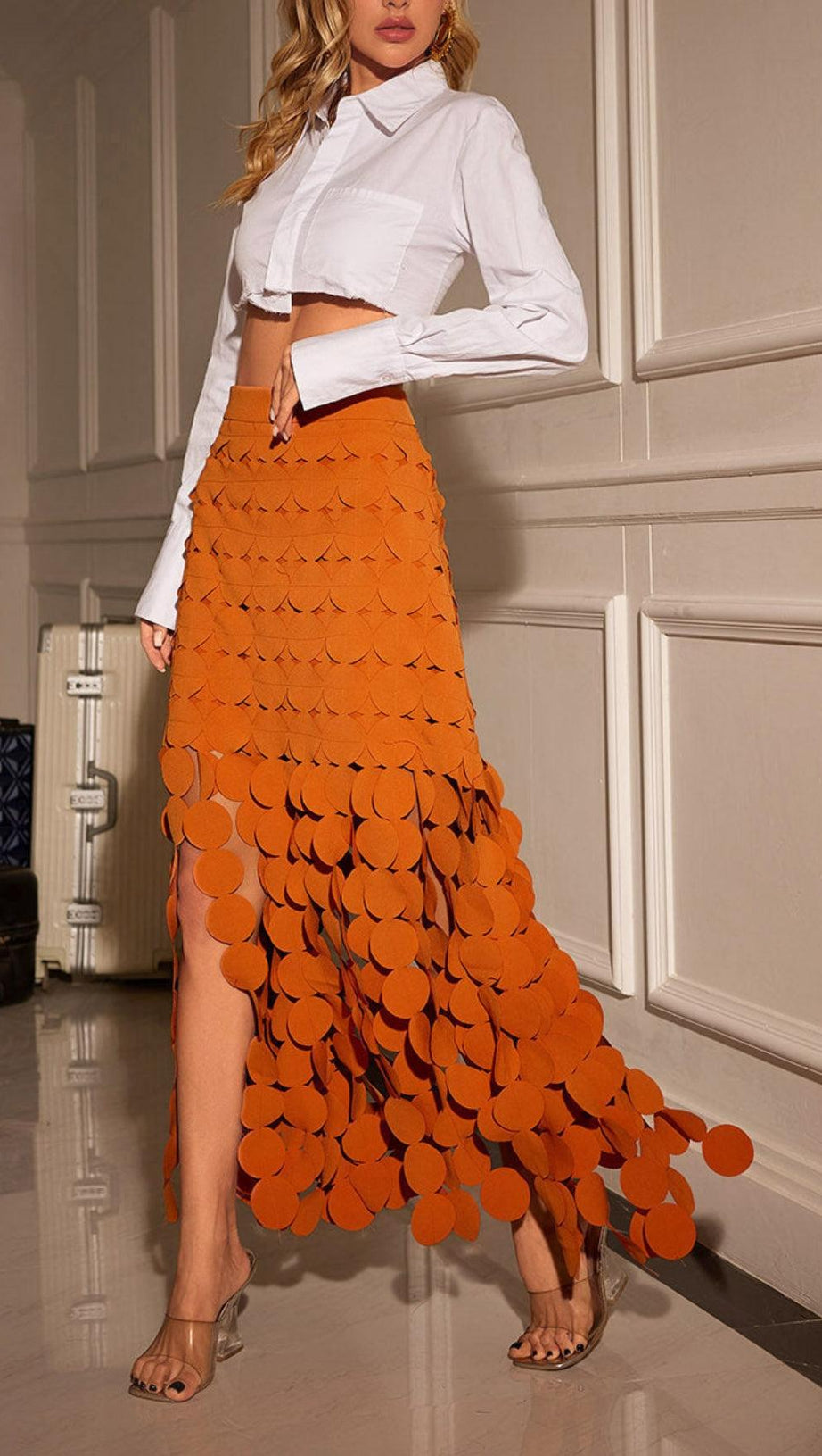CIRCLE CUTOUT FRINGE SKIRT IN ORANGE