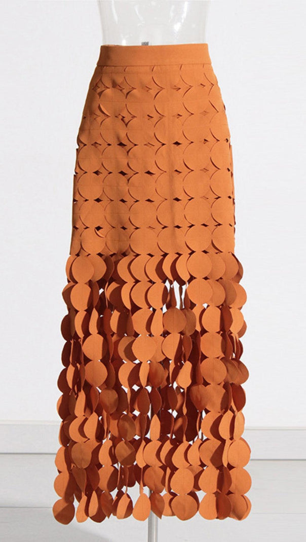 AIIZIE CIRCLE CUTOUT FRINGE SKIRT IN ORANGE - product image