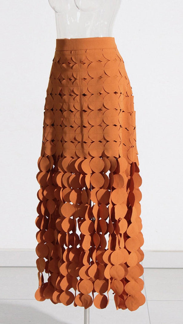 AIIZIE CIRCLE CUTOUT FRINGE SKIRT IN ORANGE - product image