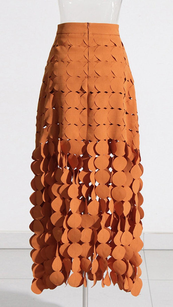 AIIZIE CIRCLE CUTOUT FRINGE SKIRT IN ORANGE - product image