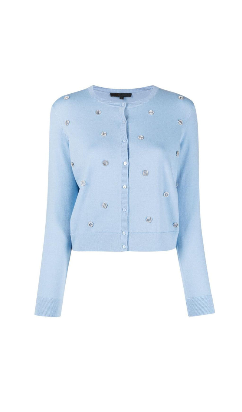 CLOVER-EMBELLISHED WOOL CARDIGAN IN BLEUS