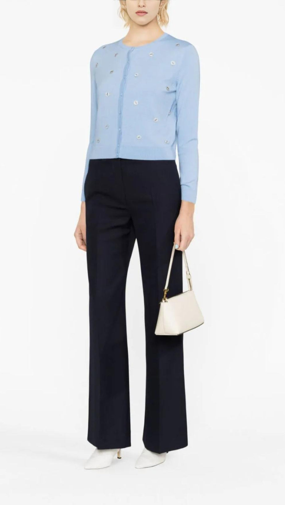 Strickjacke aus Wolle mit Kleeblatt-Verzierung in Blau 