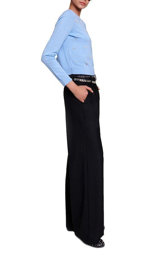 Strickjacke aus Wolle mit Kleeblatt-Verzierung in Blau 