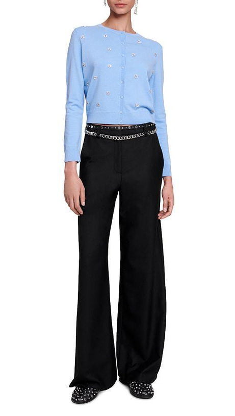 Strickjacke aus Wolle mit Kleeblatt-Verzierung in Blau 