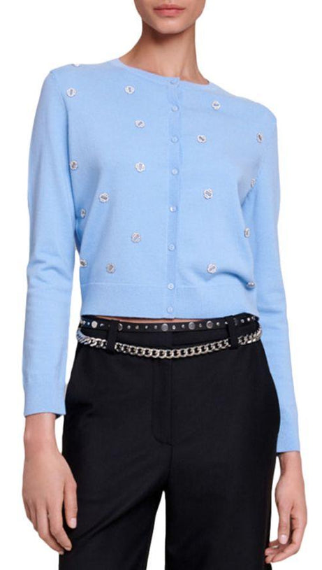 Strickjacke aus Wolle mit Kleeblatt-Verzierung in Blau 