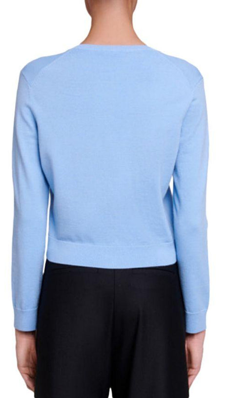 Strickjacke aus Wolle mit Kleeblatt-Verzierung in Blau 