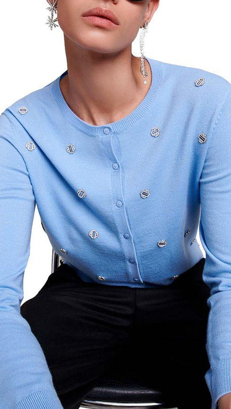 Strickjacke aus Wolle mit Kleeblatt-Verzierung in Blau 