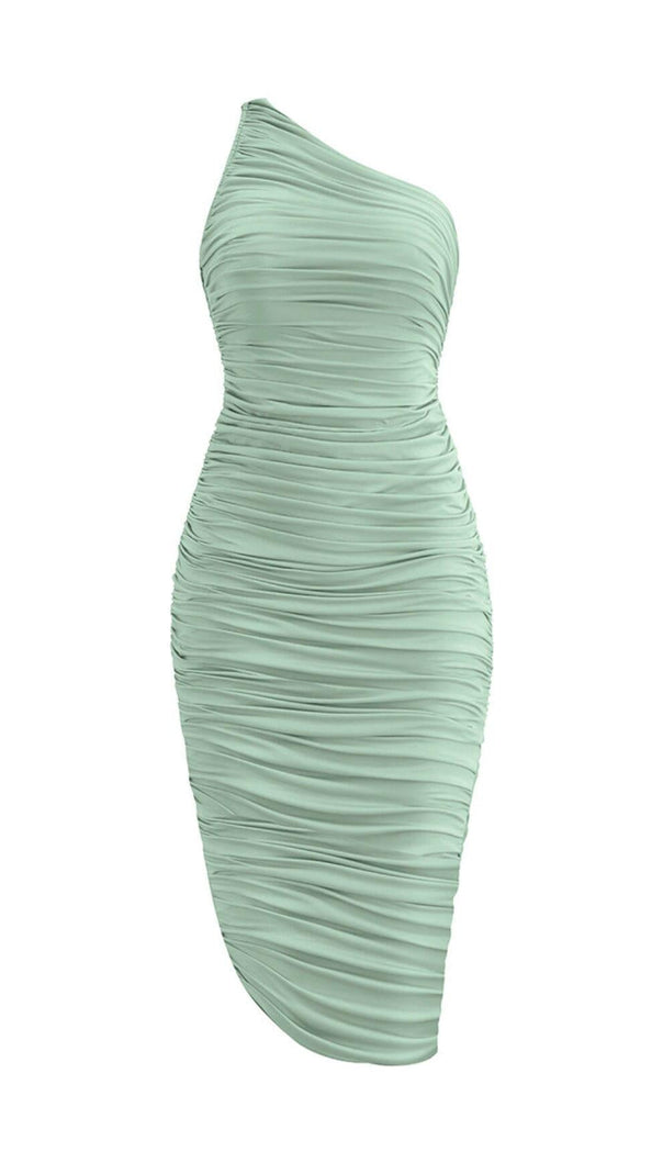 PLISSIERTES ÄRMELLOSES ONE-SHOULDER-KLEID IN GRÜN