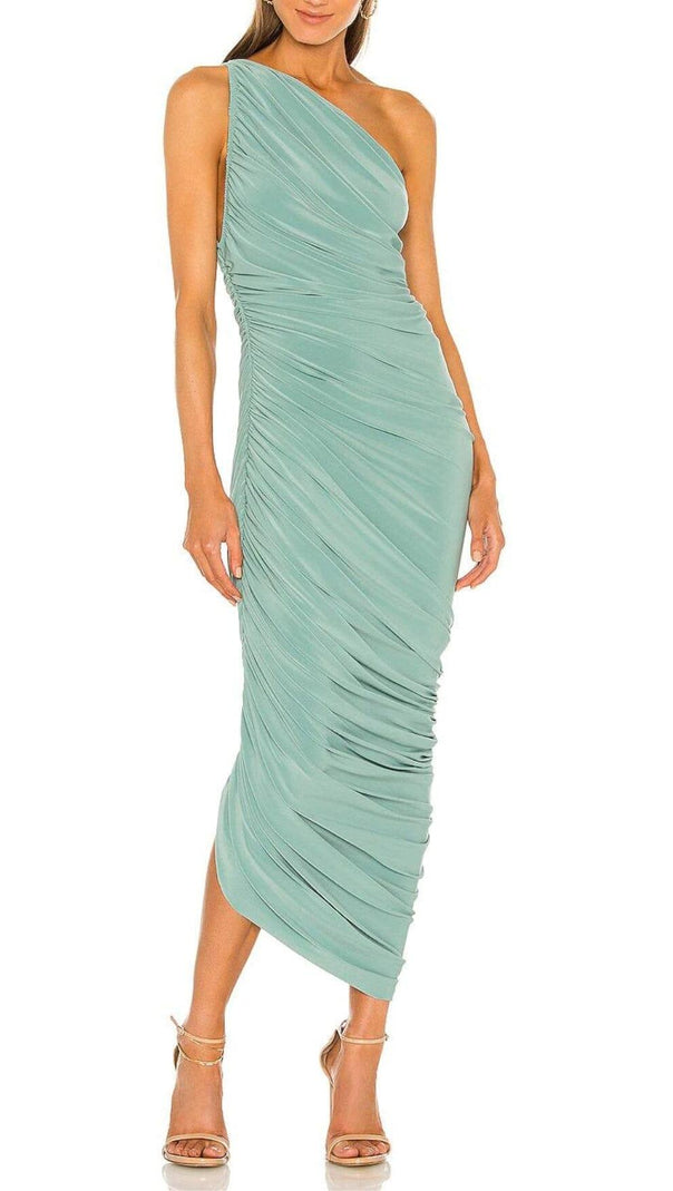 PLISSIERTES ÄRMELLOSES ONE-SHOULDER-KLEID IN GRÜN
