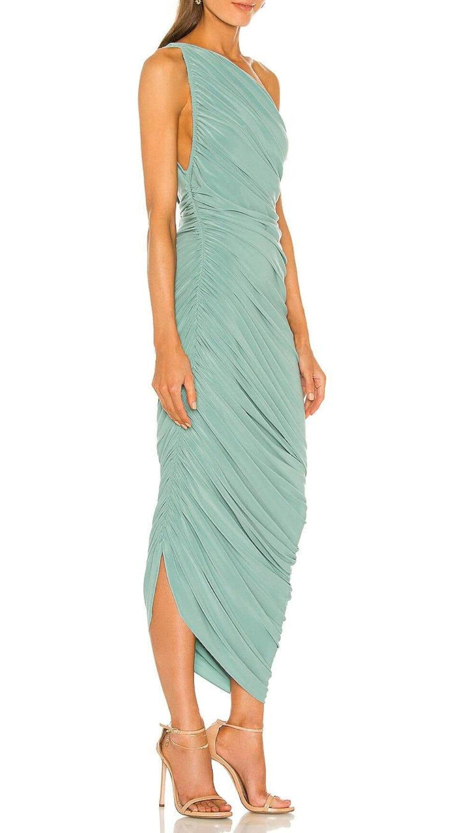 PLEATED SLEEVELESS ONE-SHOULDER DRESS IN GREEN