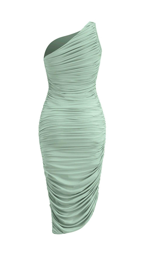 PLISSIERTES ÄRMELLOSES ONE-SHOULDER-KLEID IN GRÜN