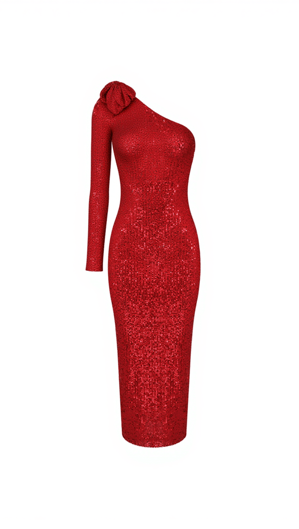 AIIZIE NICO ONE SHOULDER FLOWER SEQUIN MIDI DRESS - product image