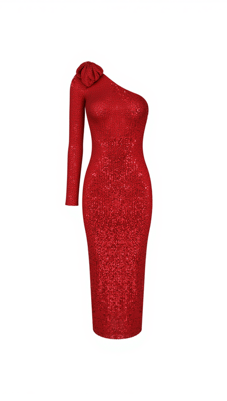 NICO ONE SHOULDER FLOWER SEQUIN MIDI DRESS