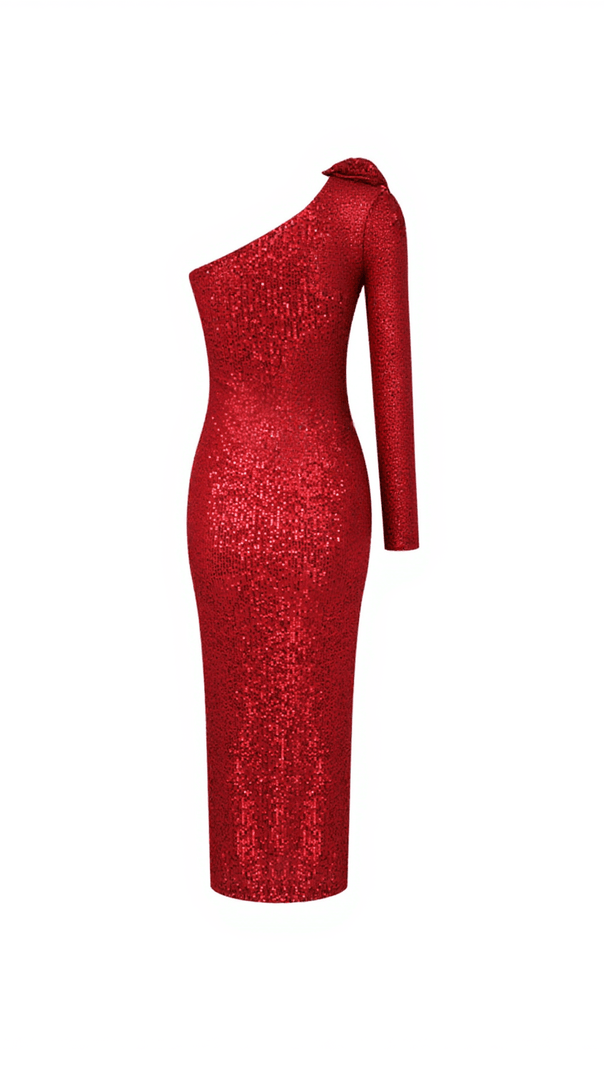 AIIZIE NICO ONE SHOULDER FLOWER SEQUIN MIDI DRESS - product image