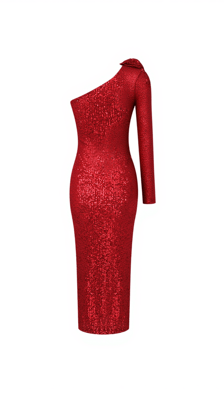 NICO ONE SHOULDER FLOWER SEQUIN MIDI DRESS