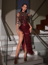 Cole Sleeveless Feather Sequin Dress In Wine