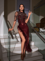 Cole Sleeveless Feather Sequin Dress In Wine