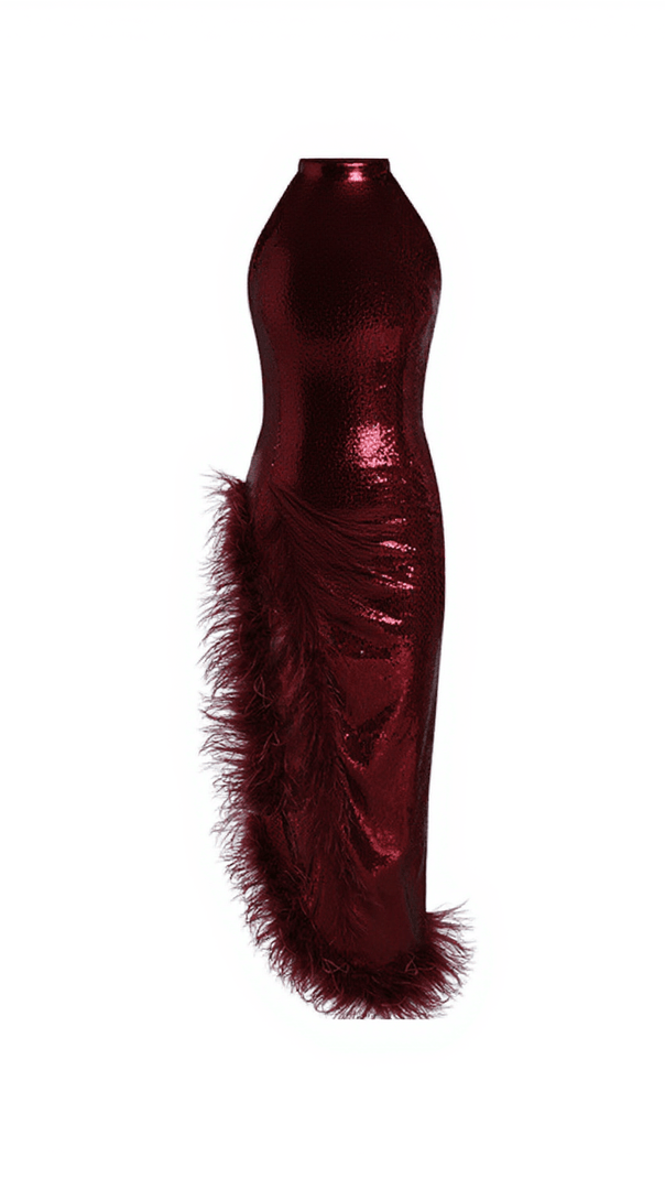 AIIZIE COLE SLEEVELESS FEATHER SEQUIN DRESS IN WINE - product image