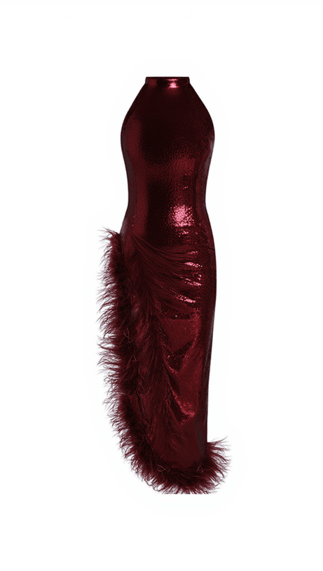 ABITO COLE SENZA MANICHE CON PIUME E PAILLETTES COLOR VINO