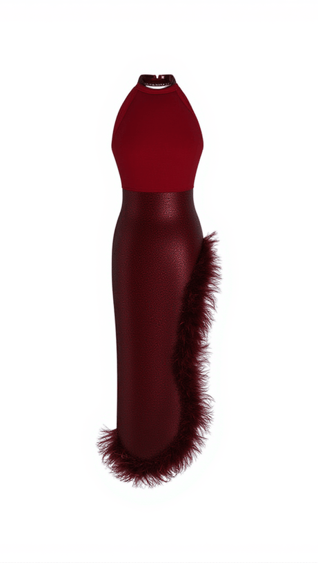 ABITO COLE SENZA MANICHE CON PIUME E PAILLETTES COLOR VINO