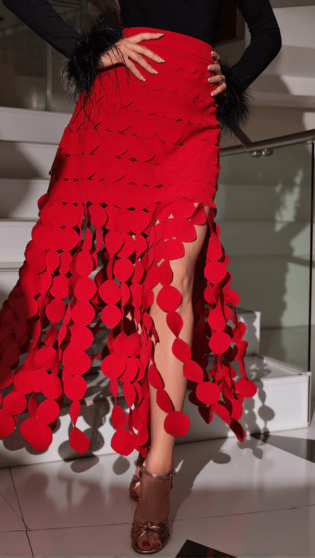 NYX CIRCLE CUTOUT FRINGE SKIRT IN RED